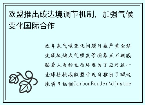 欧盟推出碳边境调节机制，加强气候变化国际合作