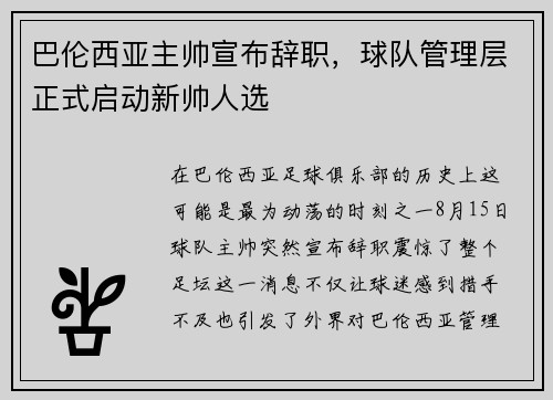 巴伦西亚主帅宣布辞职，球队管理层正式启动新帅人选