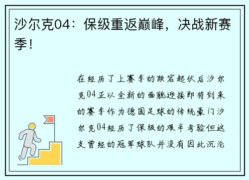 沙尔克04：保级重返巅峰，决战新赛季！